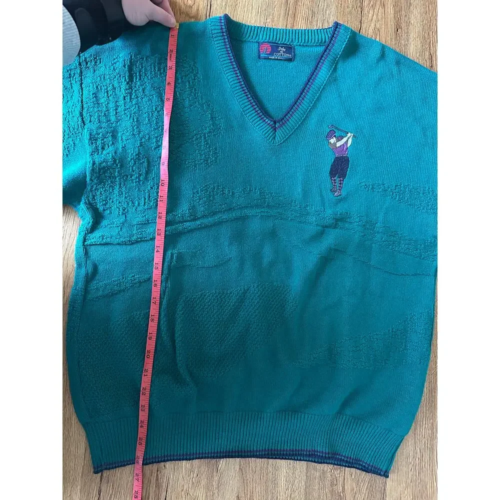 Isle Of Cotton Vintage Green Golfing V Neck Sweater Size Large
